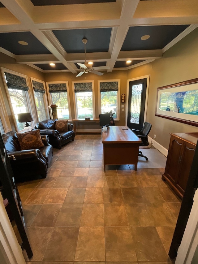 office featuring beamed ceiling, ceiling fan, a wealth of natural light, and coffered ceiling