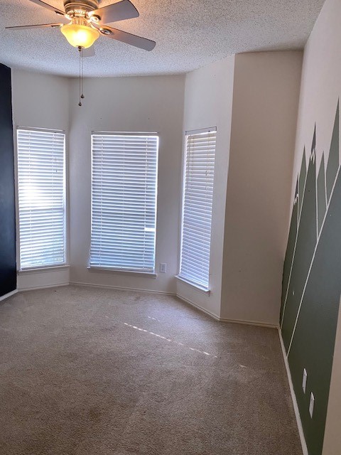 unfurnished room with ceiling fan, carpet floors, and a textured ceiling