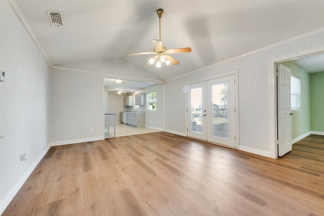 unfurnished living room featuring ceiling fan, light hardwood / wood-style floors, ornamental molding, and french doors