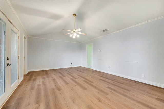7421 Christopher Ct, North Richland Hills, TX 76180 - unfurnished room featuring light wood-style floors, vaulted ceiling, ceiling fan, and ornamental molding
