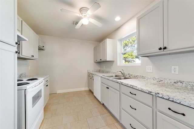 kitchen with white cabinets, ceiling fan, white appliances, and sink