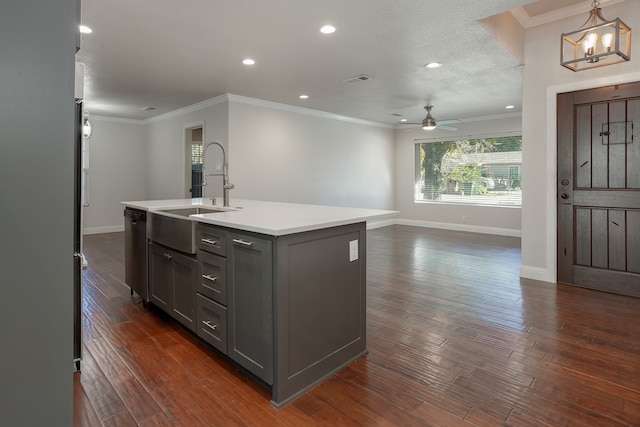 kitchen featuring a kitchen island with sink, dark wood-type flooring, ceiling fan with notable chandelier, sink, and gray cabinets