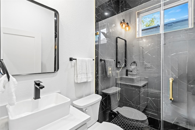 bathroom featuring walk in shower, vanity, and toilet