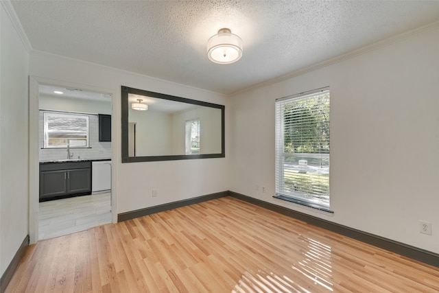 unfurnished room with crown molding, light hardwood / wood-style flooring, a textured ceiling, and sink