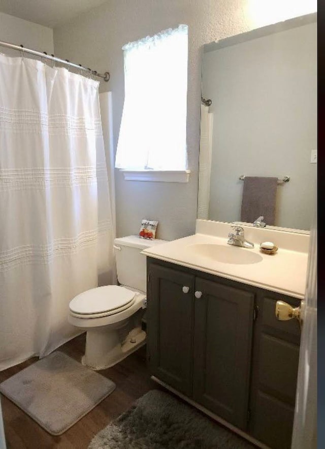 bathroom featuring vanity, hardwood / wood-style floors, and toilet