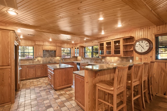 kitchen with wood walls, plenty of natural light, and a kitchen island with sink