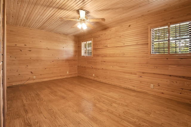 spare room with light hardwood / wood-style flooring, plenty of natural light, and wood walls