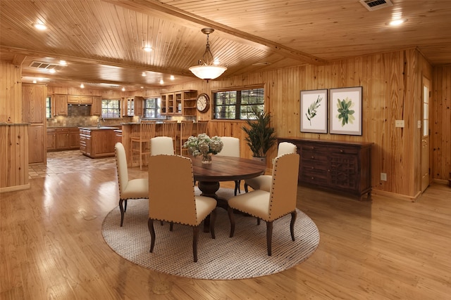 dining room featuring sink, beam ceiling, light hardwood / wood-style flooring, wooden ceiling, and wood walls