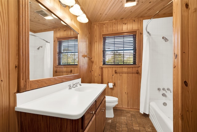 full bathroom with vanity, toilet, wooden ceiling, and wooden walls