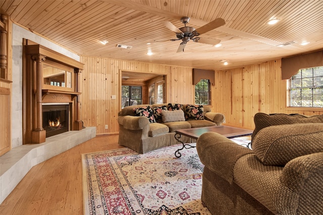 living room featuring wooden ceiling, light hardwood / wood-style flooring, and wooden walls