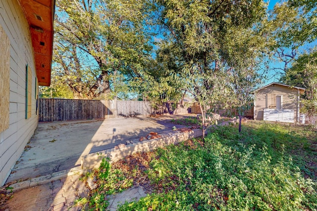 view of yard with a shed and a patio