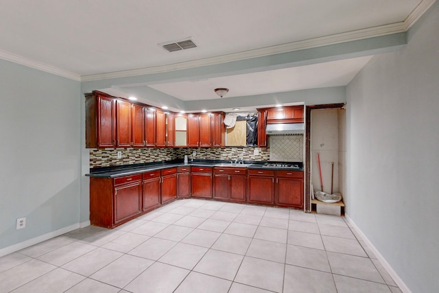 kitchen featuring backsplash, light tile patterned flooring, ornamental molding, and ventilation hood