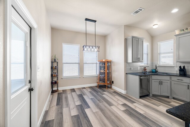 kitchen with sink, gray cabinets, backsplash, decorative light fixtures, and stainless steel dishwasher