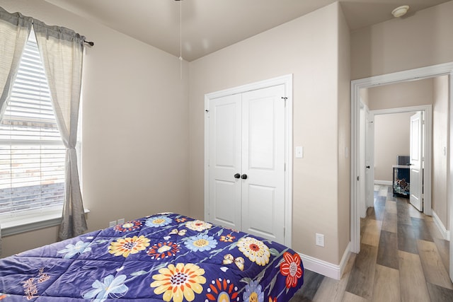 bedroom featuring wood-type flooring and a closet