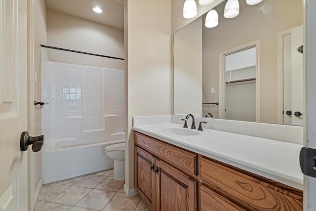 full bathroom with vanity, shower / washtub combination, tile patterned floors, and toilet