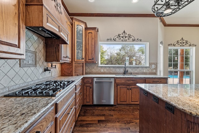 kitchen featuring sink, crown molding, appliances with stainless steel finishes, dark hardwood / wood-style floors, and light stone countertops