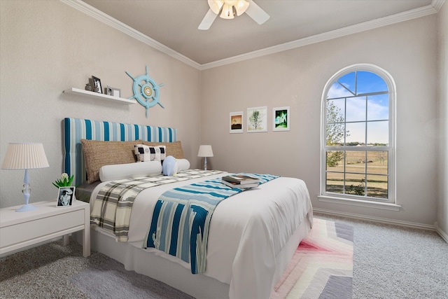 bedroom with ornamental molding, parquet floors, and ceiling fan