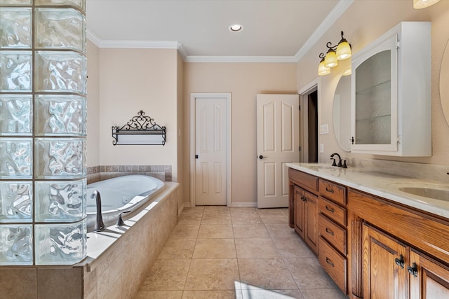 bathroom featuring tile patterned floors, vanity, a relaxing tiled tub, and ornamental molding