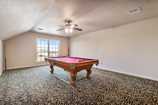 playroom featuring carpet flooring, ceiling fan, a textured ceiling, and billiards