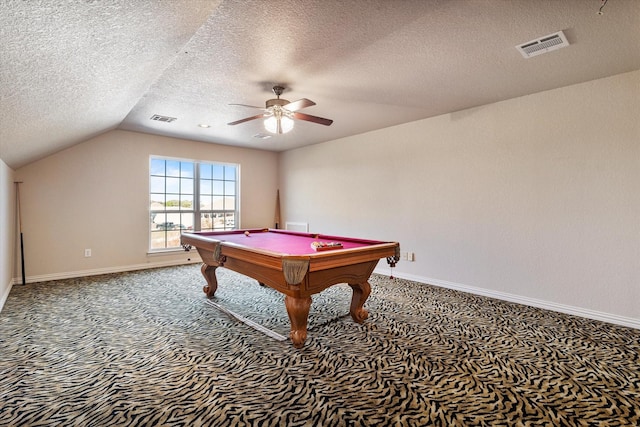 rec room with lofted ceiling, ceiling fan, carpet, a textured ceiling, and pool table