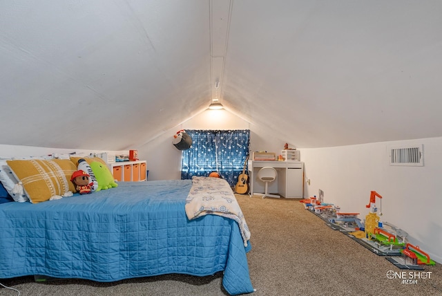 bedroom featuring carpet and lofted ceiling