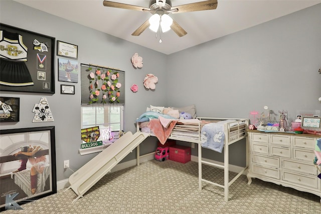 bedroom with light colored carpet and ceiling fan