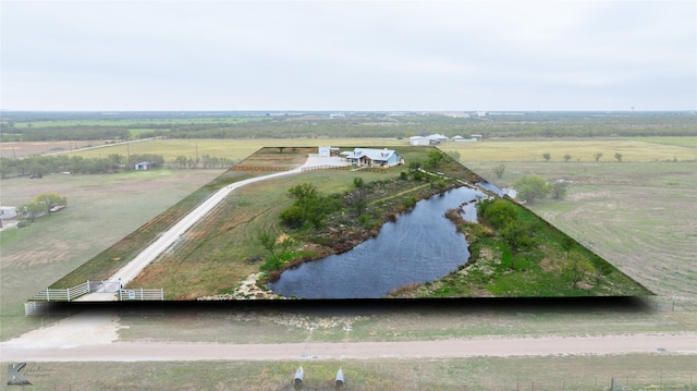 aerial view featuring a water view and a rural view