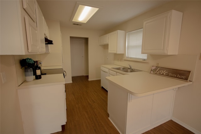 kitchen featuring sink, dark hardwood / wood-style flooring, kitchen peninsula, white dishwasher, and white cabinets