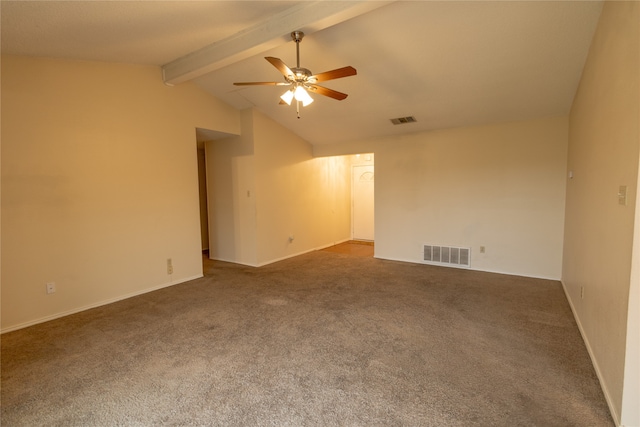 carpeted spare room featuring lofted ceiling with beams and ceiling fan