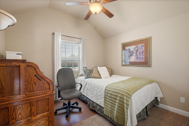 bedroom with lofted ceiling, carpet flooring, a ceiling fan, and baseboards