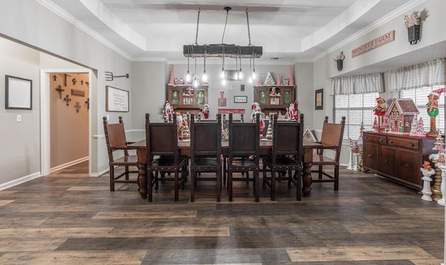 dining area featuring crown molding, a raised ceiling, and dark wood-type flooring