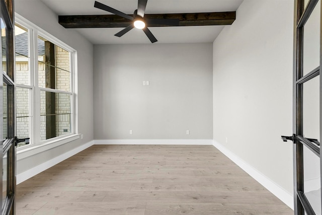 unfurnished room with ceiling fan, beamed ceiling, and light hardwood / wood-style floors