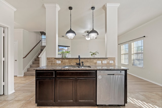 kitchen with sink, dishwasher, hanging light fixtures, tasteful backsplash, and ornamental molding