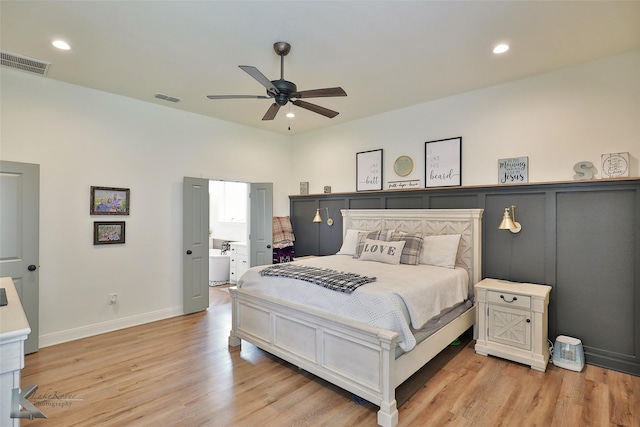 bedroom featuring ceiling fan and light wood-type flooring