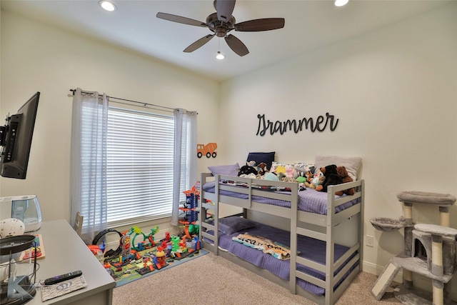 bedroom with carpet floors and ceiling fan