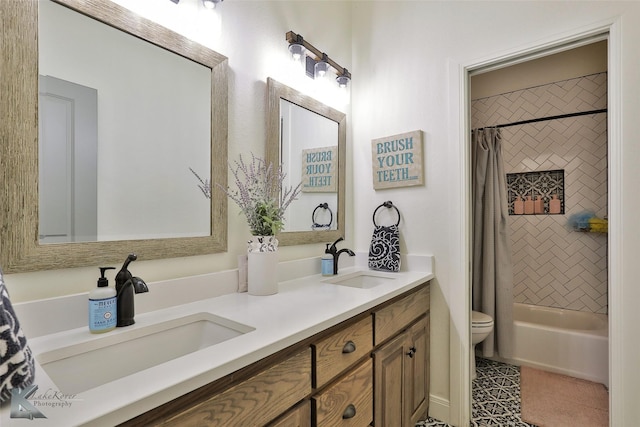 full bathroom featuring vanity, tile patterned flooring, shower / bath combination with curtain, and toilet