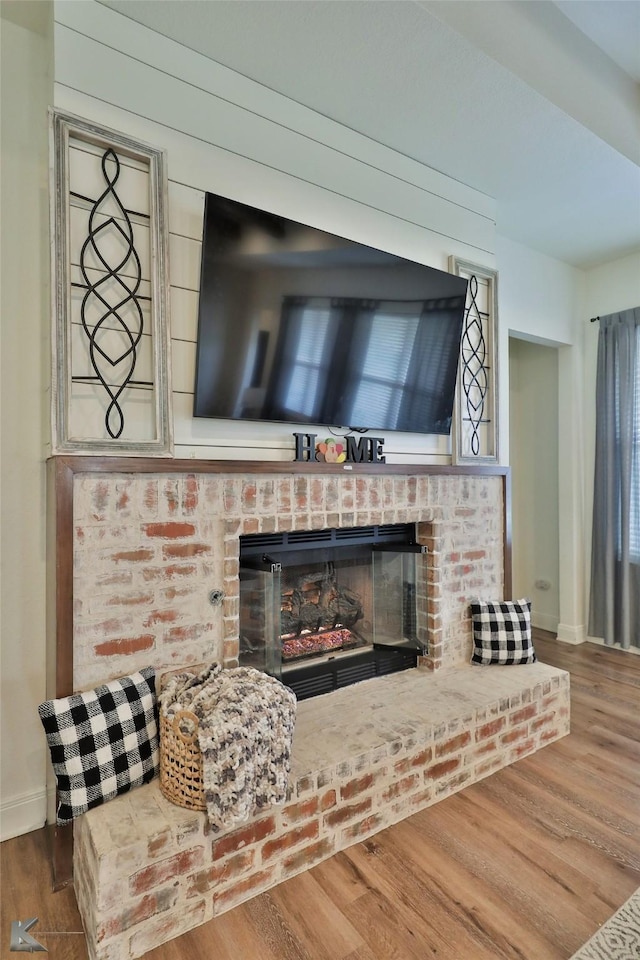 room details featuring wood-type flooring and a fireplace