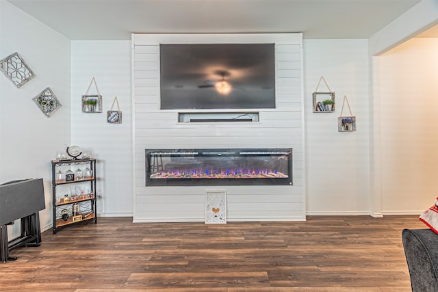 living room with a fireplace and dark hardwood / wood-style floors