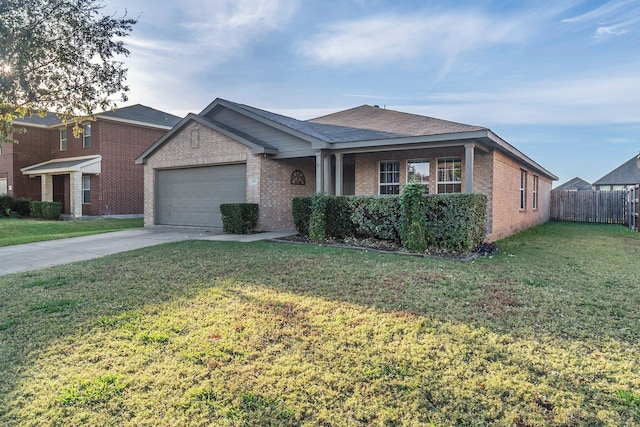 ranch-style house with a garage and a front yard