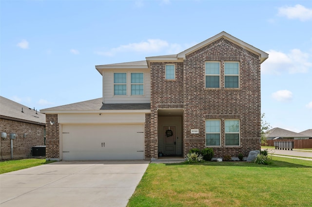 view of front of home featuring a garage, a front lawn, and central air condition unit