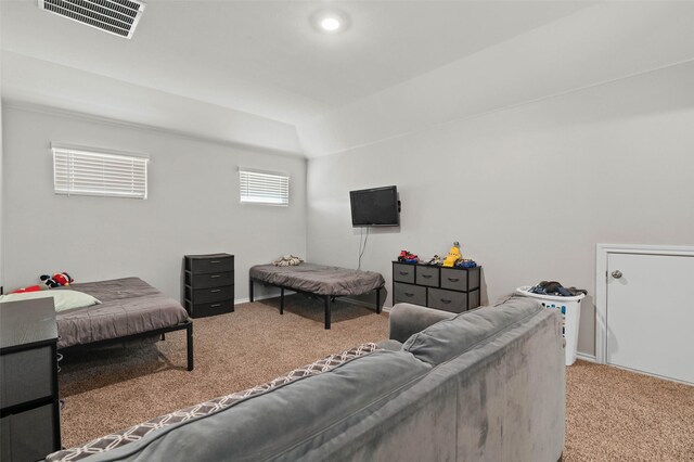 living room with light colored carpet and lofted ceiling