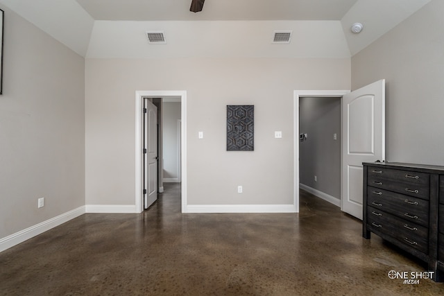 bedroom featuring ceiling fan and lofted ceiling