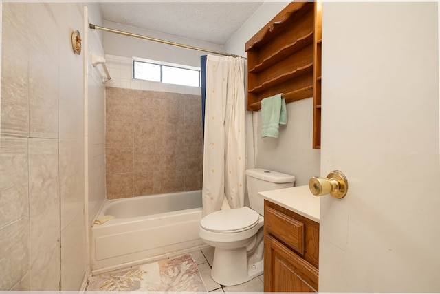 full bathroom featuring vanity, tile patterned floors, toilet, shower / bathtub combination with curtain, and a textured ceiling