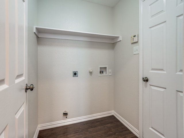 clothes washing area with hookup for an electric dryer, dark hardwood / wood-style floors, hookup for a gas dryer, and washer hookup