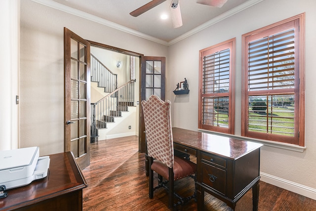 office area featuring ornamental molding, dark wood-type flooring, and ceiling fan