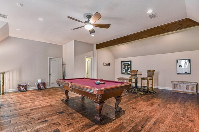 rec room featuring wood-type flooring, vaulted ceiling with beams, pool table, and ceiling fan