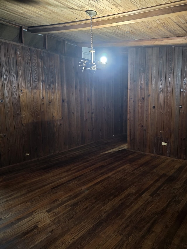 basement with dark hardwood / wood-style flooring, wooden walls, wooden ceiling, and an inviting chandelier