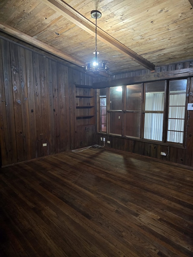 empty room with wood-type flooring, an inviting chandelier, wooden ceiling, and wooden walls