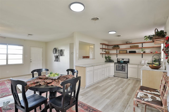 kitchen featuring stainless steel electric stove, white cabinets, and light hardwood / wood-style flooring