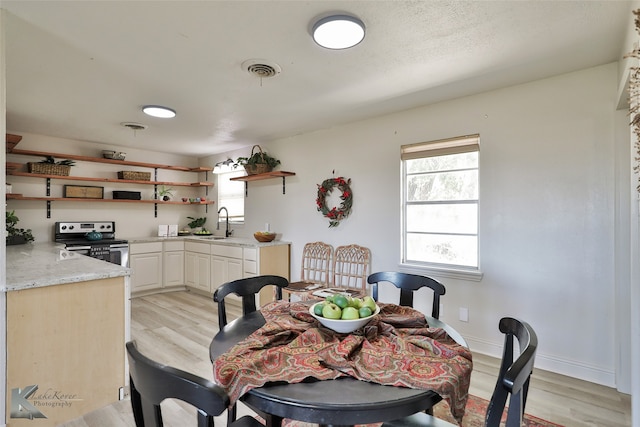 dining room with light hardwood / wood-style floors and sink